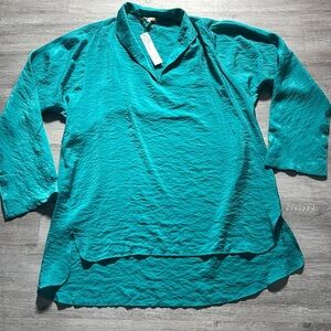 NWT Redwood Court teal blue split neck tunic bamboo silk Top Size L